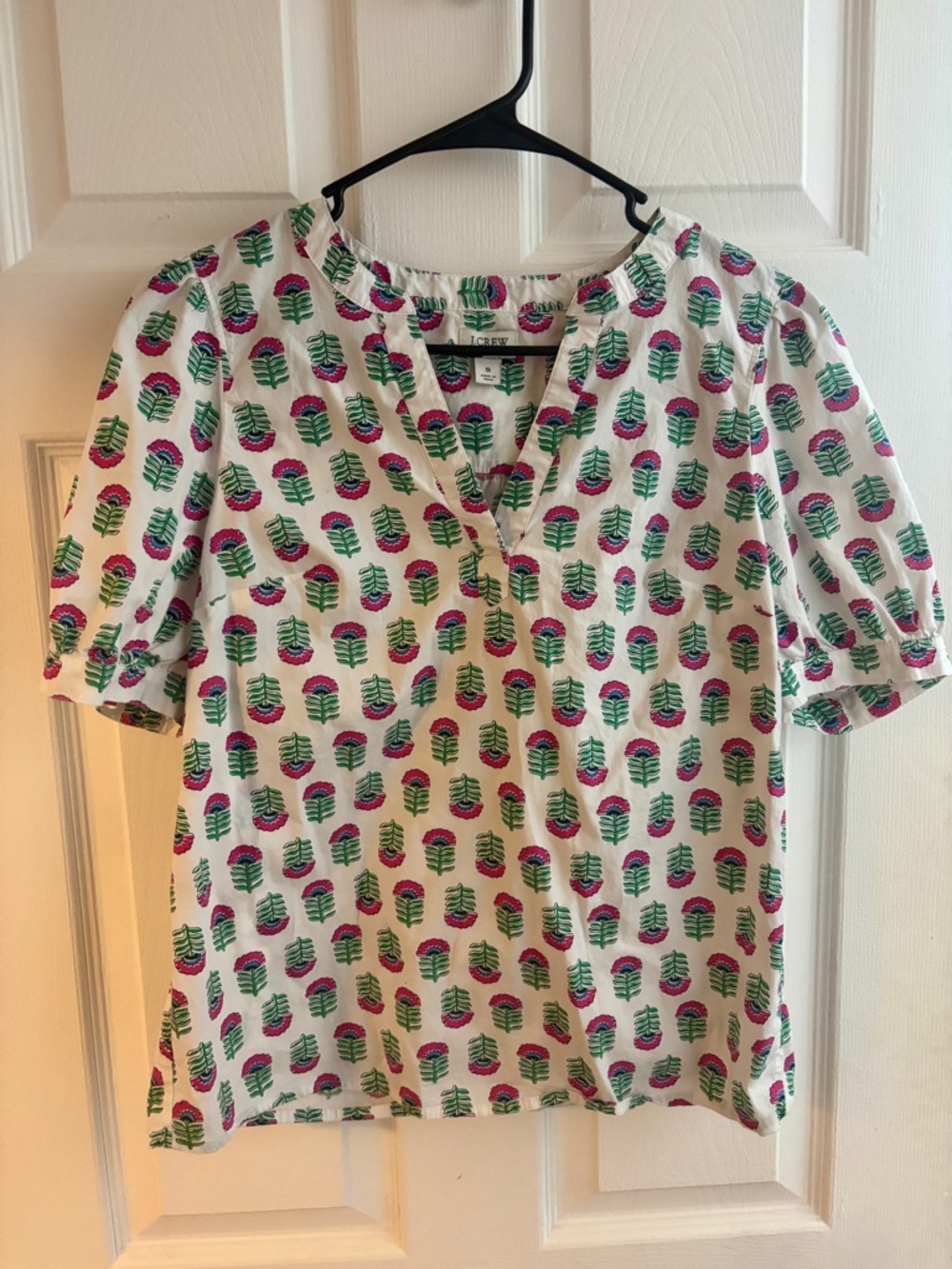 J. Crew White Top with Pink & Green Floral Print